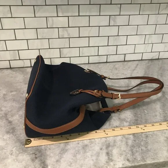 Michael Kors Tote Bag Womens Large Blue Canvas Leather Shoulder Purse MK Charm - Picture 13 of 14